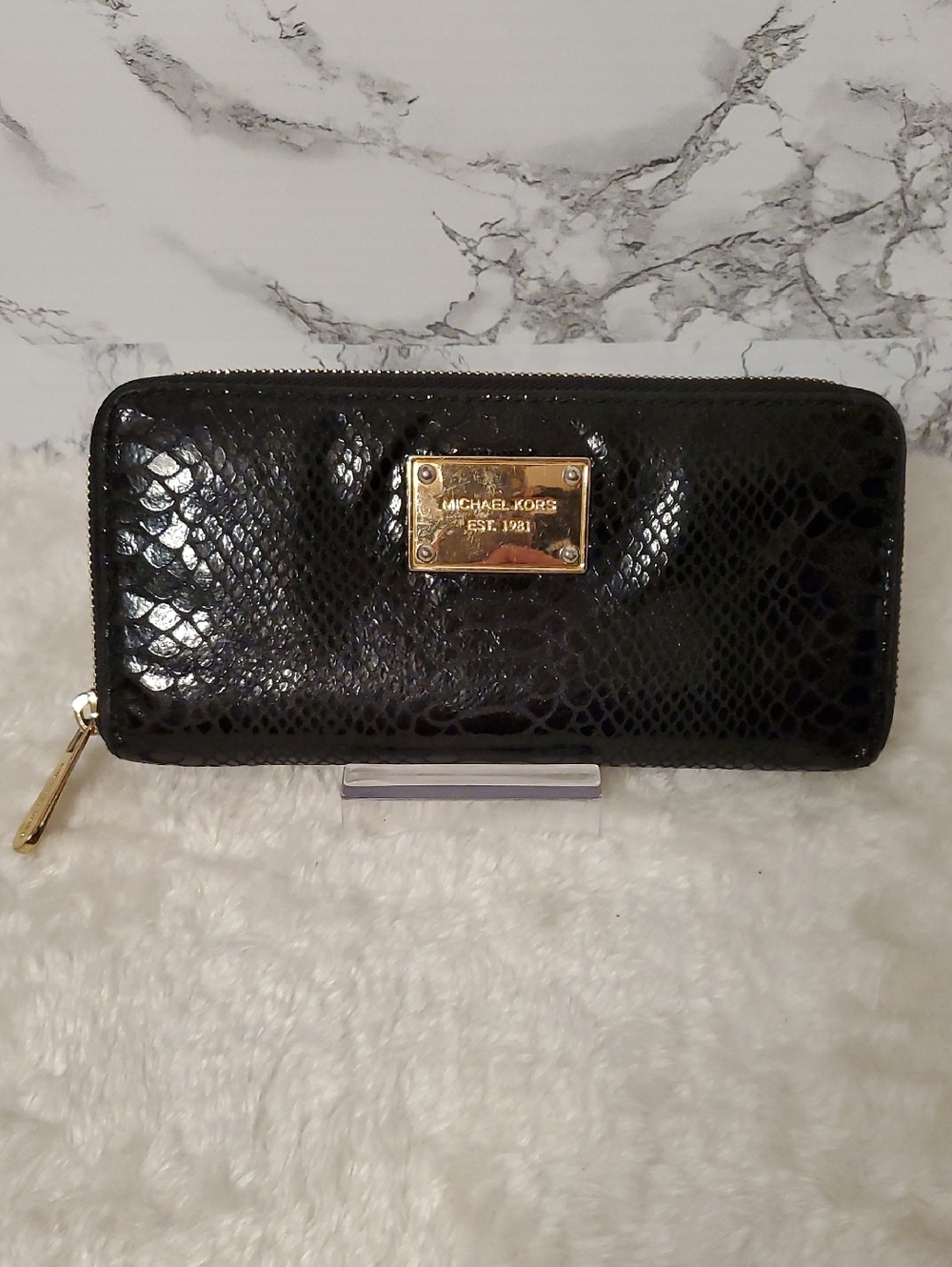 Michael Kors Black Patent Python Embossed Wallet with Gold Plaque EUC